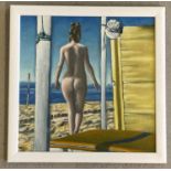Kris Leach - framed oil on canvas board of a nude, entitled "Topknot Takes A Dip…".