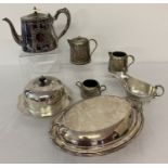 A collection of silver plated items to include Elkington muffin dish and Walker & Hall sauce boat.