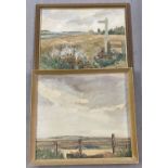 2 framed oil paintings depicting rural scenes. Indistinct signature to one.