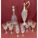 A collection of vintage glass ware comprising Claret jug, decanter and 2 sets of glasses.