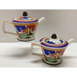 2 Sadler Art Deco style teapots inspired by Clarice Cliff "Red Roofs" pattern.