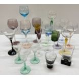 A quantity of coloured and clear glasses. To include a set of 6 coloured stem wine glasses.