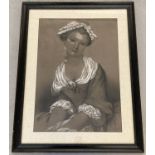 A large framed and glazed chalk picture of a young lady in period dress.