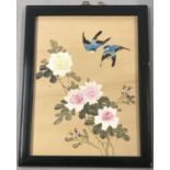 A modern oriental painting on silk panel of flowers and birds.