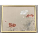 A framed and glazed oriental hand painted silk panel depicting Chinese poppies.