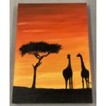 An unsigned oil on canvas of giraffe's on the African plains at sunset.