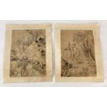 A pair of signed Chinese prints on fabric depicting figural scenes.