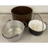 3 vintage metal pans/containers. An aluminium jam pan & a enamel cooking/jam pan.