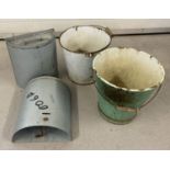 2 vintage wooden handled enamel buckets together with 2 galvanised D shaped containers.