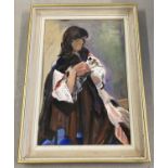 A large gilt framed oil on canvas of a seated woman, by Beryl Sedgwick. Signed to bottom left.