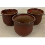 3 burgundy glaze ceramic garden plant pots.