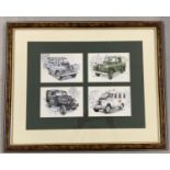 A framed and glazed print of 4 Land Rover vehicles Series IIA.