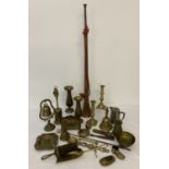 A box of mixed metal ware to include brass candlesticks, vases & bells and a copper hunting horn.
