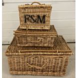 3 vintage wicker picnic baskets to include one from Fortnum & Mason.