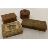 4 vintage wooden lidded boxes, to include one containing miniature weighing scales.