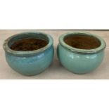 2 green glaze ceramic garden plant pots.