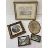 5 small and miniature framed and glazed paintings prints and embroidery.