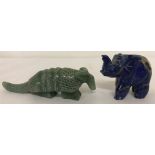A carved jade armadillo figure together with a carved lapis lazuli elephant.
