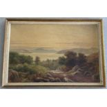 A gilt framed oil on canvas depicting a rural lake scene by Sidney Watts.