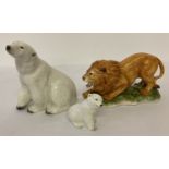 Branksome ceramic mother & baby polar bear figurines together with ceramic figure of a roaring lion.