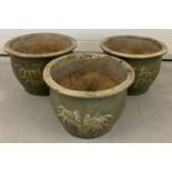 3 large ceramic garden planters with green glaze and bamboo decoration to fronts.