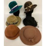 6 vintage ladies brimmed wool and felt hats.