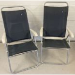 2 modern aluminium framed garden chairs with grey fabric seats and backrests, by Lafuma.