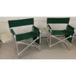 2 modern aluminium framed picnic chairs with green material backs and seats.