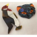 2 coloured lucite Léa Stein style brooches; a penguin and a cats head.
