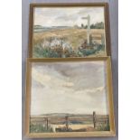 2 framed oil paintings depicting rural scenes. Indistinct signature to one.