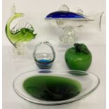 5 pieces of coloured art glass to include fish, apple and bowls.