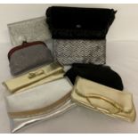 A collection of 8 vintage evening and clutch bags in black, gold and silver tones.