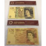 2 gold plated bank notes. A 24ct gold plated £50 bank note in original wallet with COA attached.