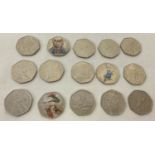 A collection of 15 Beatrix potter 50p coins. 3 have coloured decals to characters.