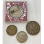 4 vintage coins. A 1935 "Rocking Horse" George V crown coin.
