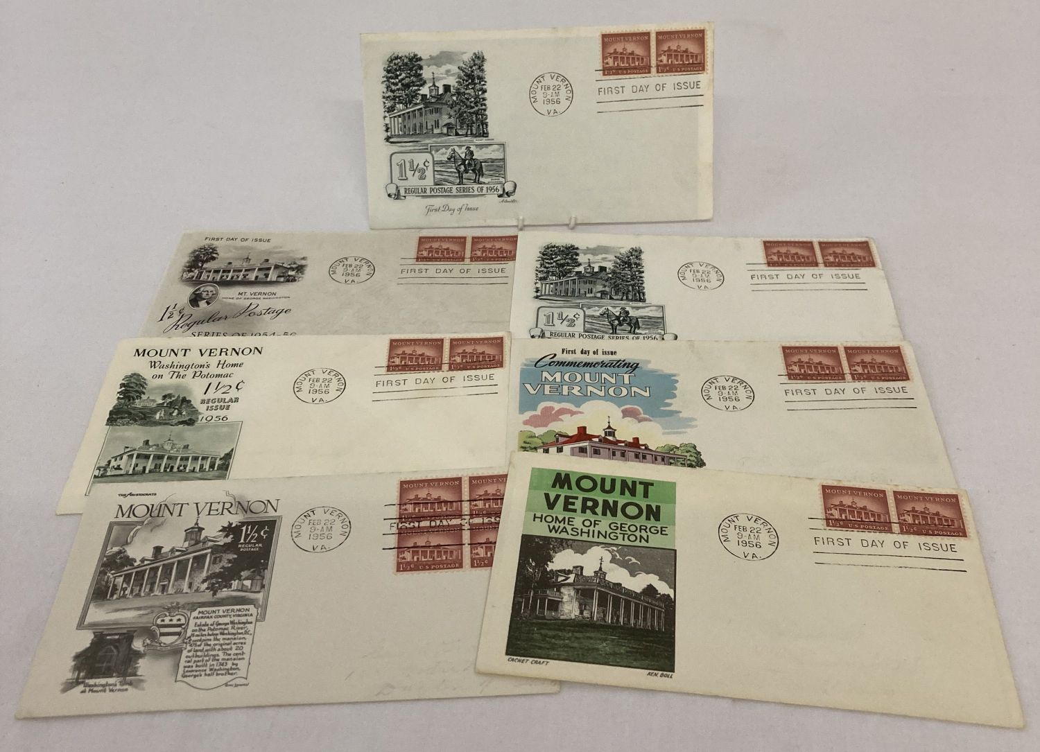 7 varying design "Mount Vernon" first day covers, from the USA, dating from the 1950's.