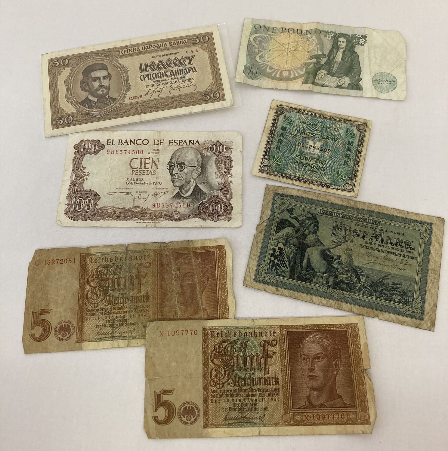 A small collection of vintage bank notes to include German WWII issue allied occupation ½ mark note.