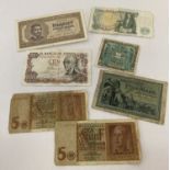 A small collection of vintage bank notes to include German WWII issue allied occupation ½ mark note.