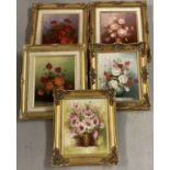 5 gilt framed oil on board and canvaspictures of still life flowers.