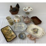 A box of assorted antique, vintage and modern ceramics.