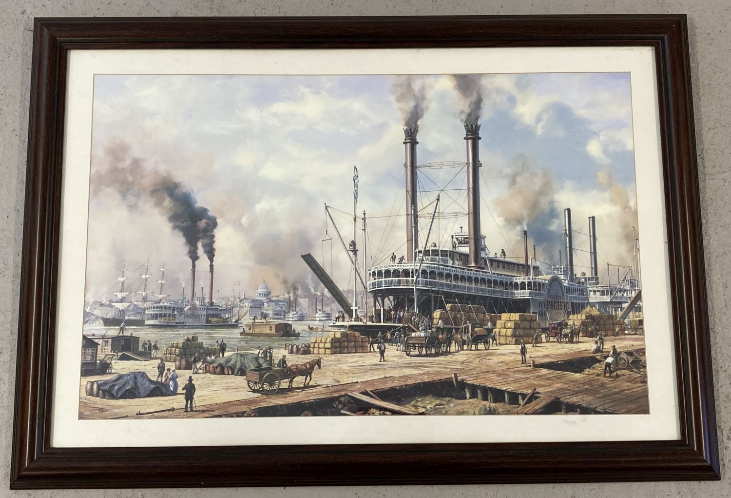 Large framed and glazed print of an American harbour scene depicting paddle steamers.