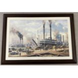 Large framed and glazed print of an American harbour scene depicting paddle steamers.