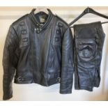 A black leather motorbike jacket and matching leather trousers by J & S Accessories.