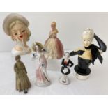 A collection of ceramic and plaster vintage lady figurines.