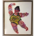 A large framed and glazed abstract of a dancer in a leotard made from felt.
