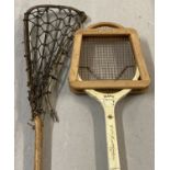 An antique Canadian Lally S Boys Lacrosse stick together with a Diadex tennis racket.