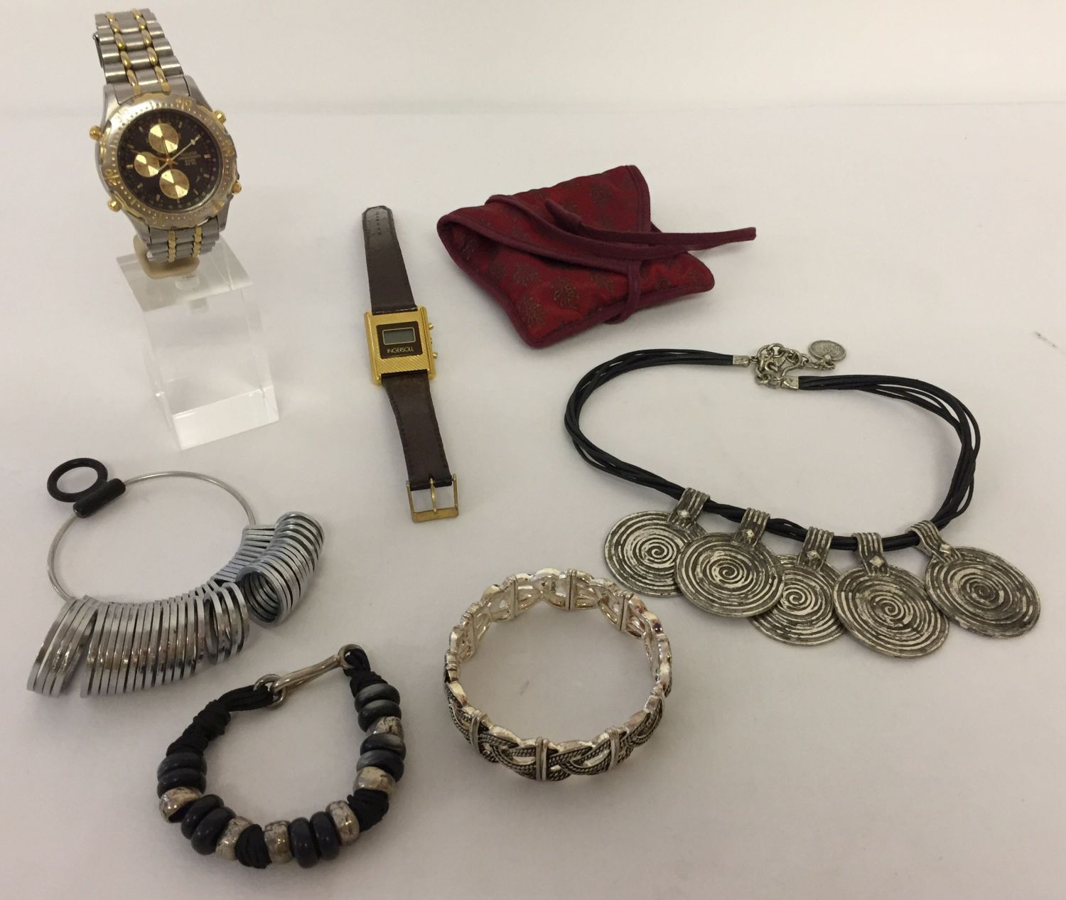 A small collection of costume jewellery together with 2 watches & a metal ring sizer finger measure.