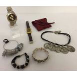A small collection of costume jewellery together with 2 watches & a metal ring sizer finger measure.