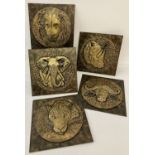 5 hydrostone plaques depicting African wild animals by JoJo.