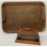 A vintage wooden tray together with an Art Deco glass sided wooden cigarette box.